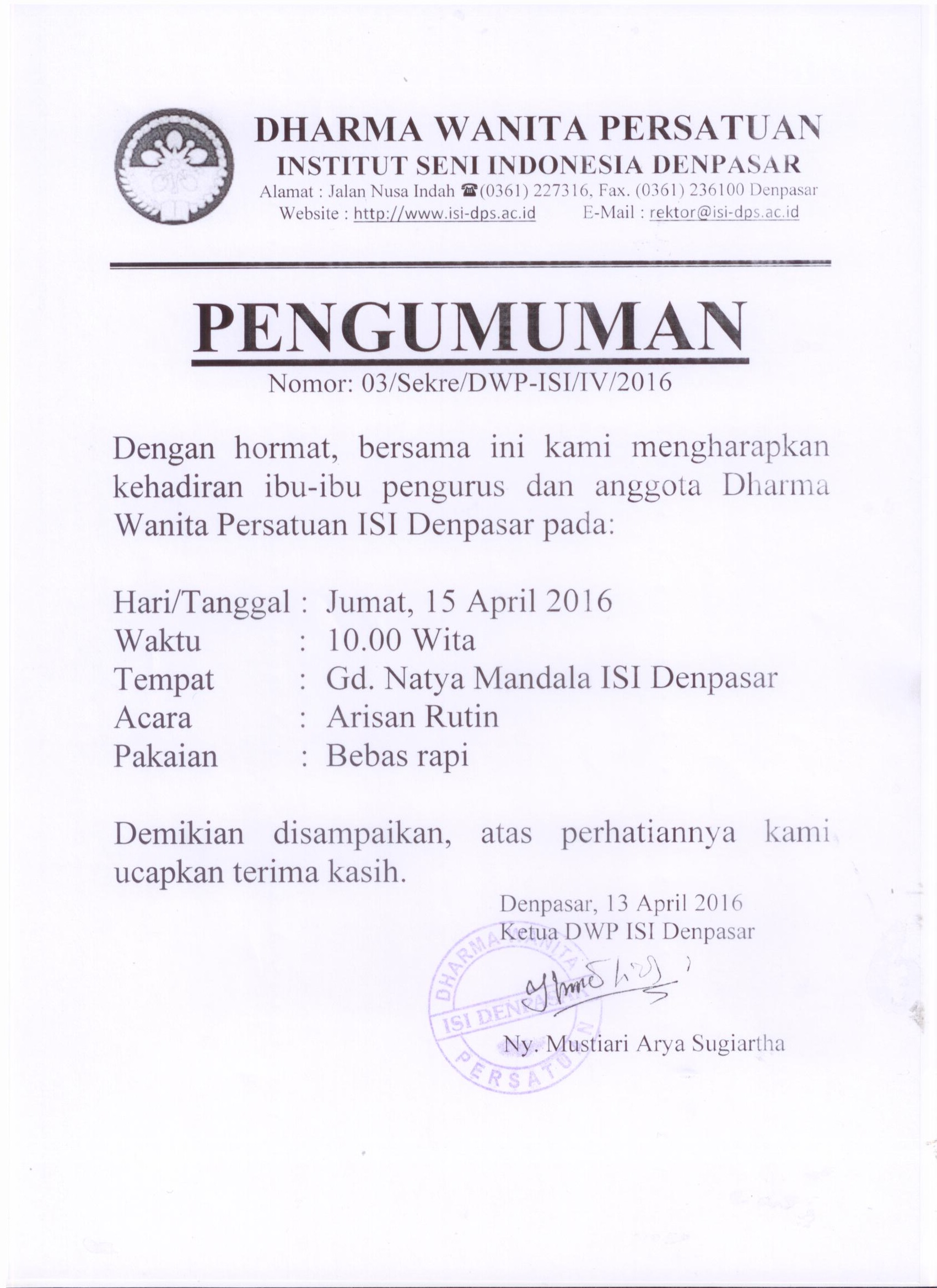 Pengumuman Arisan Rutin Dharma Wanita