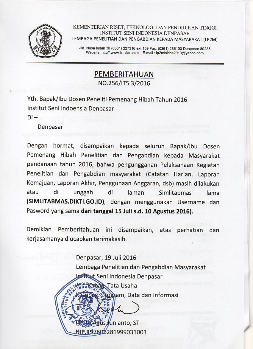 PEMBERITAHUAN KEPADA DOSEN PENELITI PEMENANG HIBAH TAHUN 2016 ISI DENPASAR