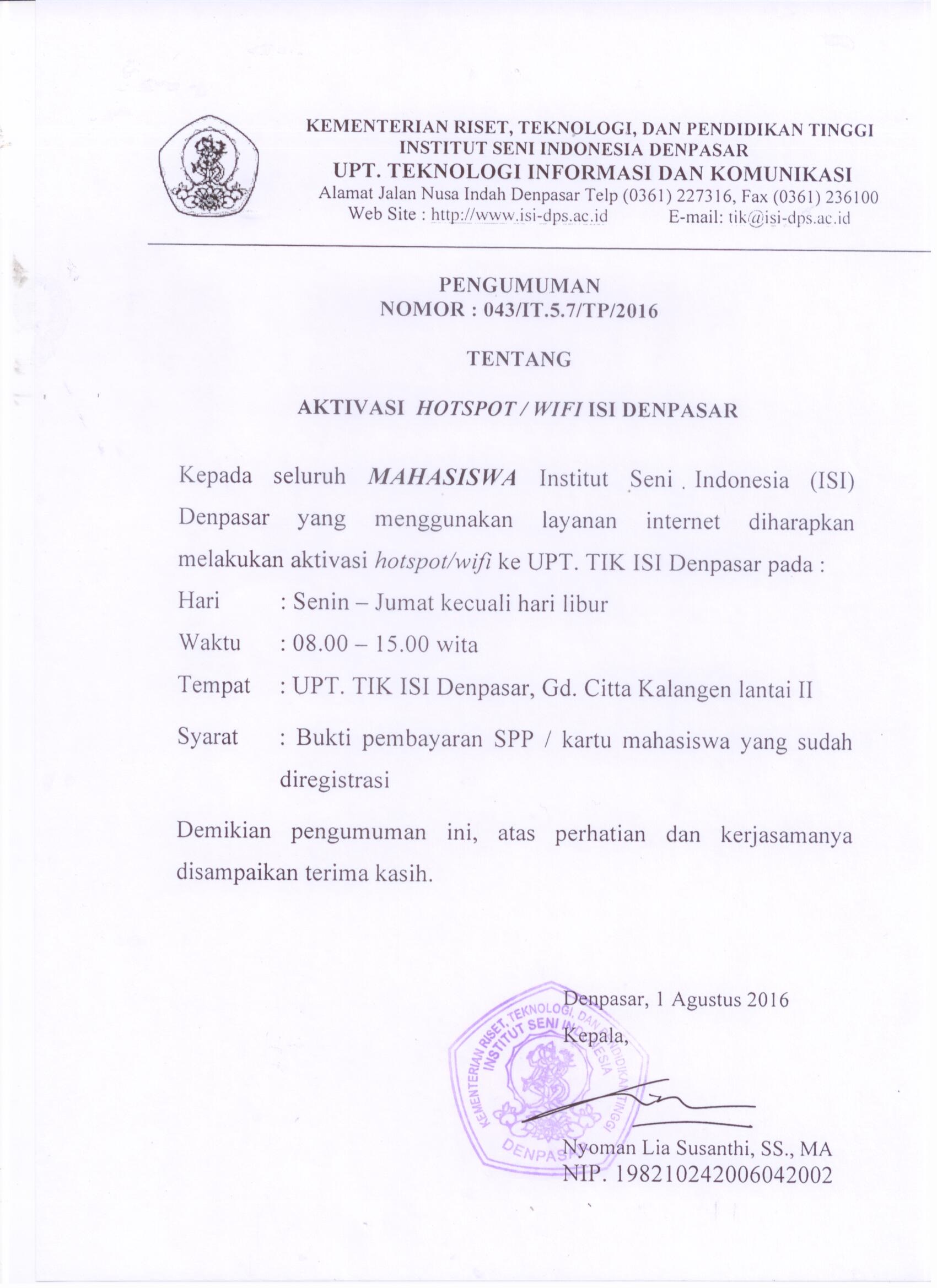 Kepada Seluruh Mahasiswa ISI Denpasar, Pendaftaran Hotspot ISI Denpasar