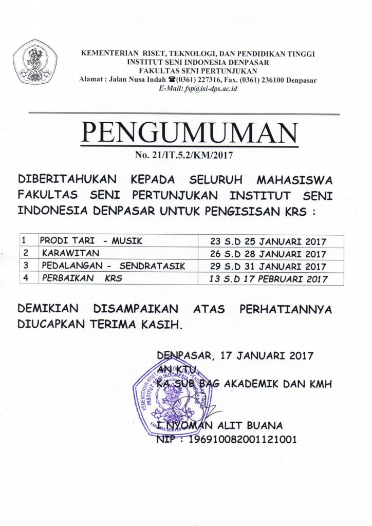 Jadwal KRS Mahasiswa Fakultas Seni Pertunjukan (FSP) 2017