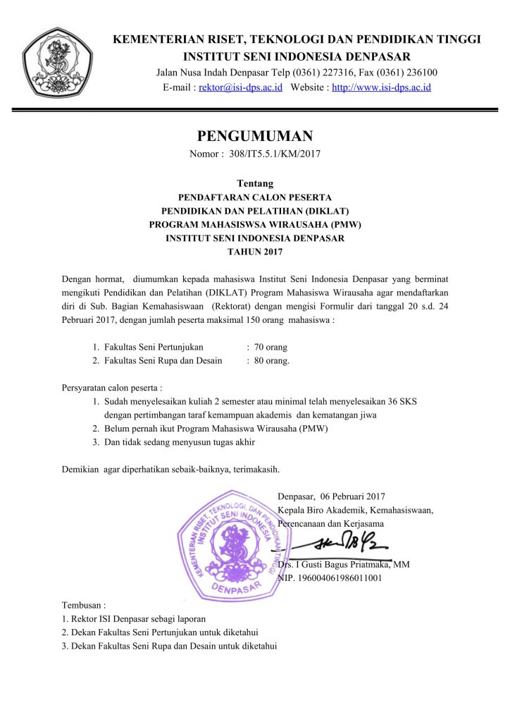 Pendaftaran Calon Peserta Pendidikan dan Pelatihan (Diklat) Program Mahasiswa Wirausaha (PMW) Tahun 2017