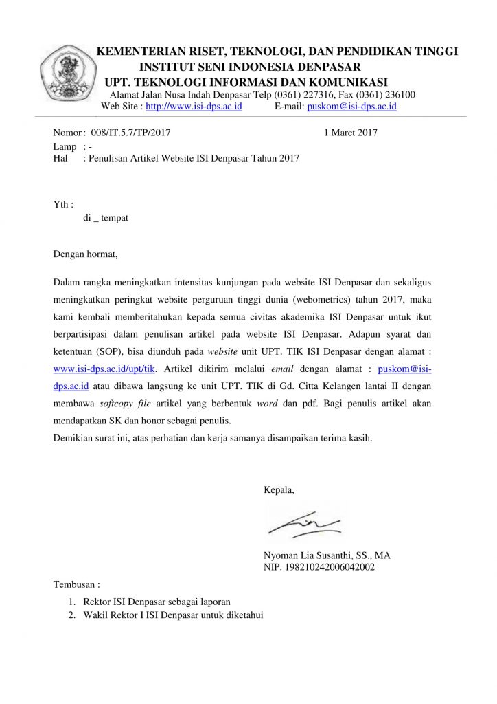 Penulisan Artikel Wesbite ISI Denpasar 2017