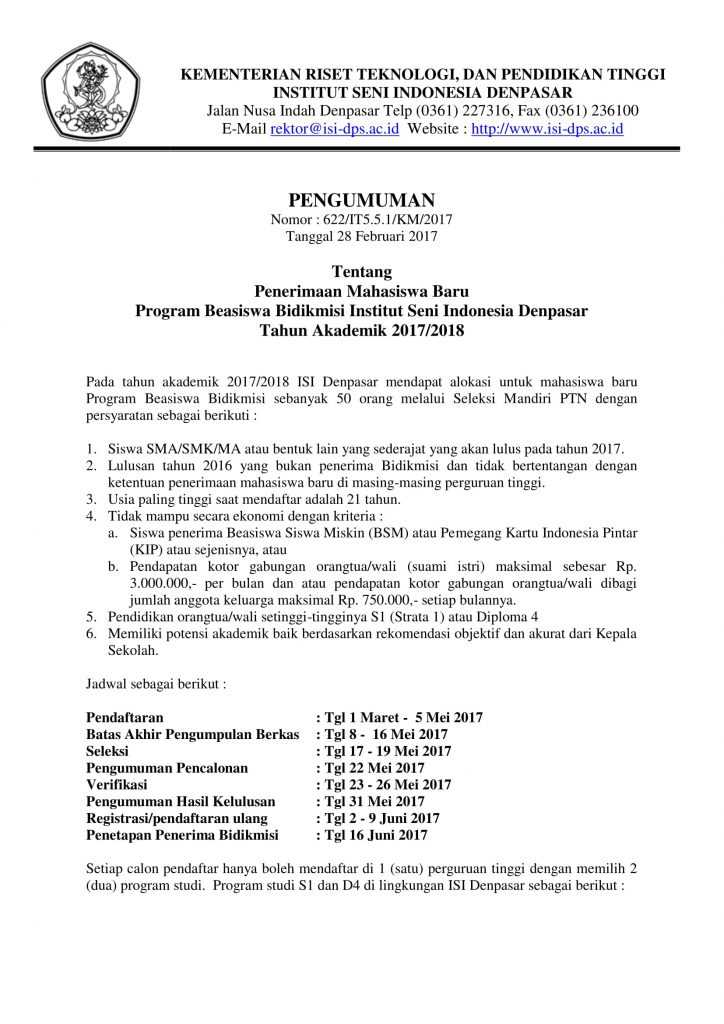 Penerimaan Mahasiswa Baru  Program Beasiswa Bidikmisi Internet Seminar Indonesia Denpasar Tahun Akademik 2017/2018