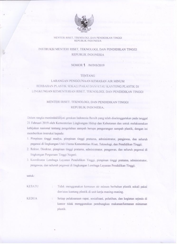 Larangan Penggunaan Kemasan Berbahan Plastik Sekali Pakai di Lingkungan Kementerian Riset, Teknologi dan Pendidikan Tinggi