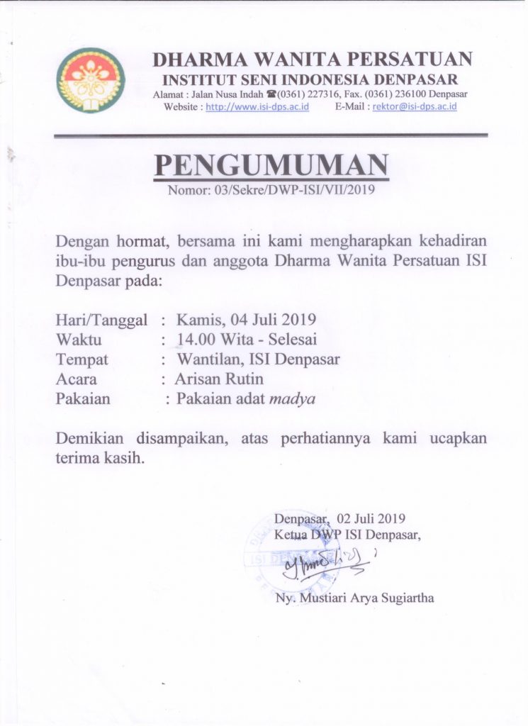 Pengumuman Arisan Rutin Ibu-ibu Pengurus dan Anggota Dharma Wanita Persatun ISI Denpasar