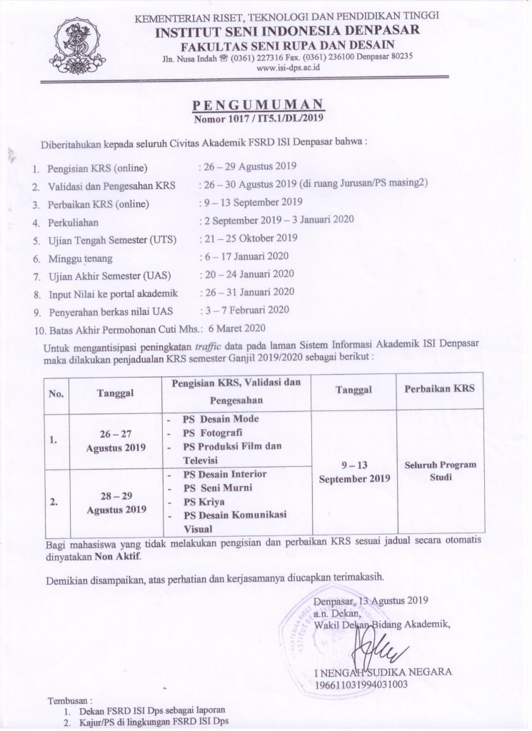 Penjadwalan KRS Semester Ganjil 2019/2020 Civitas Akademik FSRD ISI Denpasar