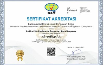 Institut Seni Indonesia (ISI) Denpasar Kembali Memperoleh Sertifikat Akreditasi “A” dari Badan Akreditasi Nasional Perguruan Tinggi Berdasarkan Surat Keputusan Direktur Dewan Eksekutif BAN-PT